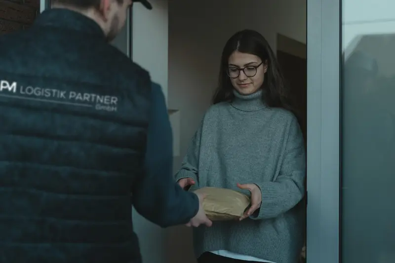 Zusteller in einer Weste mit PM-Logo übergibt an der Haustür ein Paket an eine Frau